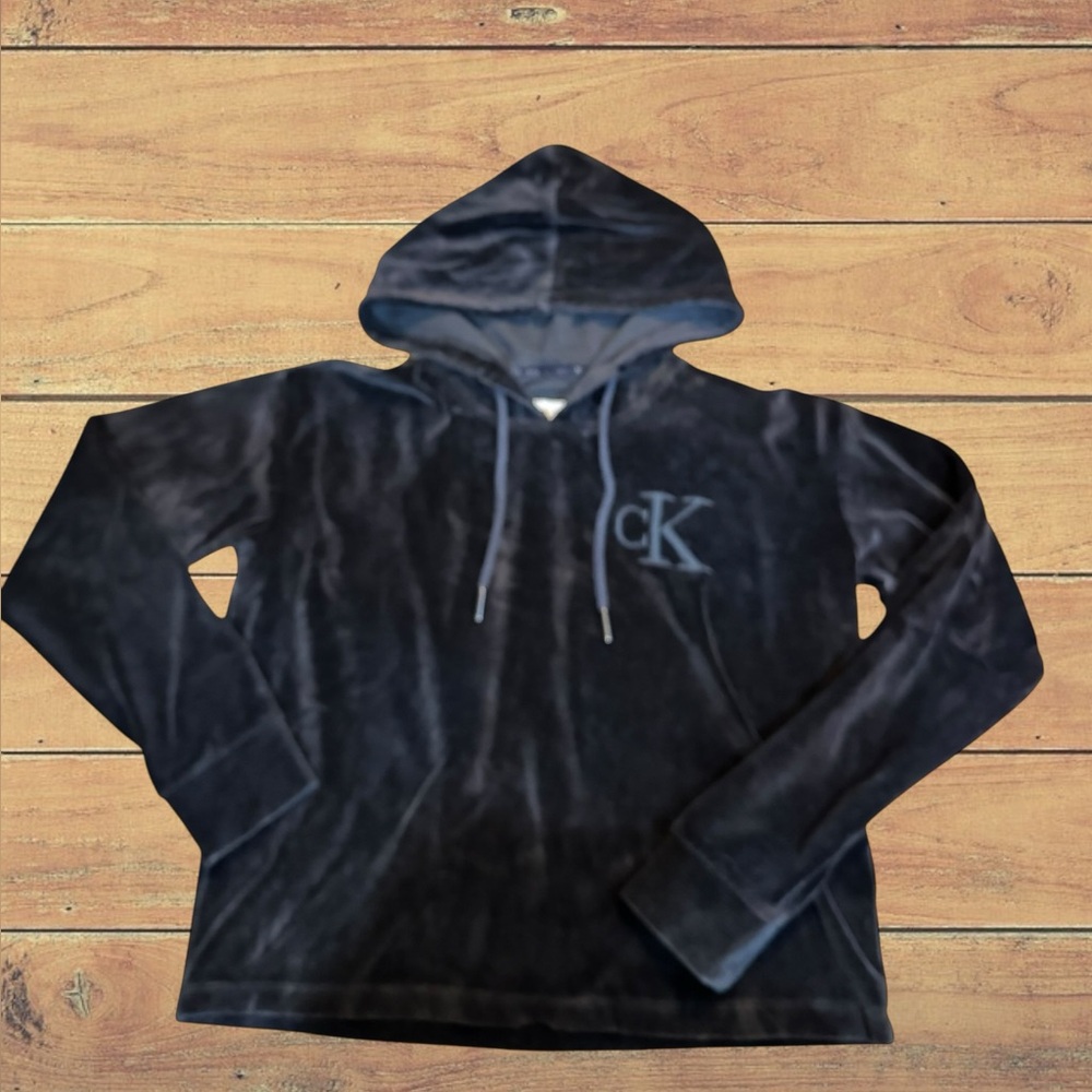 Calvin Klein Jeans Women’s Black Velour Pullover Hooded Sweatshirt Size XS Y2K - Picture 9 of 11